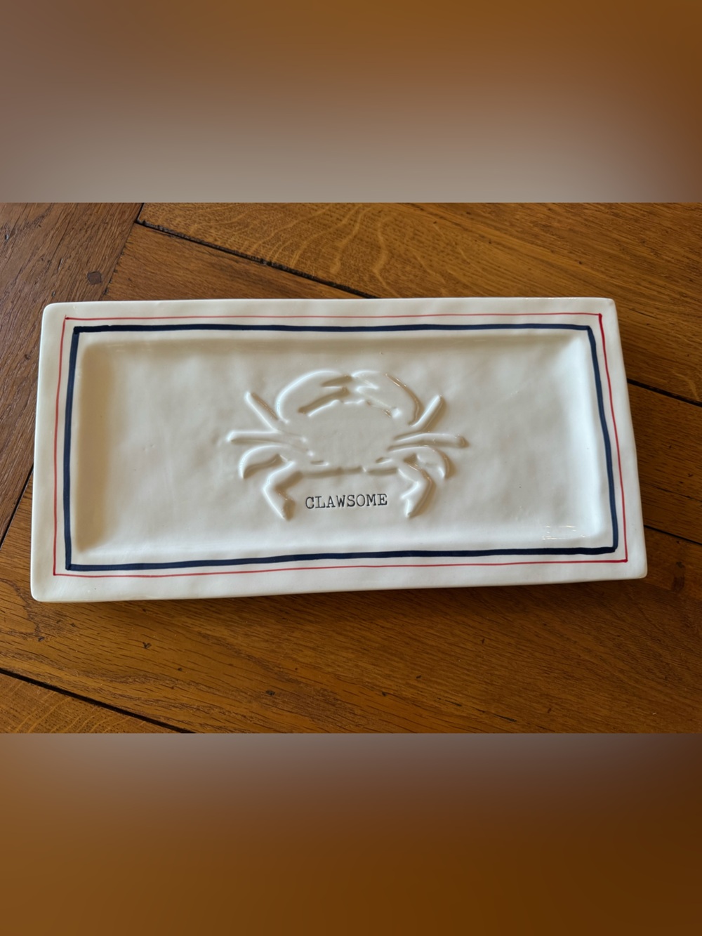 Mud Pie White Ceramic Crab Tray with Red & Blue Trim
